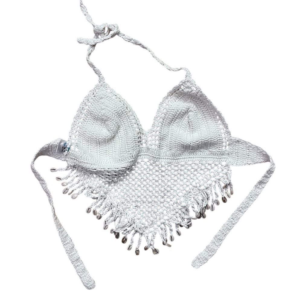 White Crochet Fringe Halter Top with Shells - Picture 3 of 6